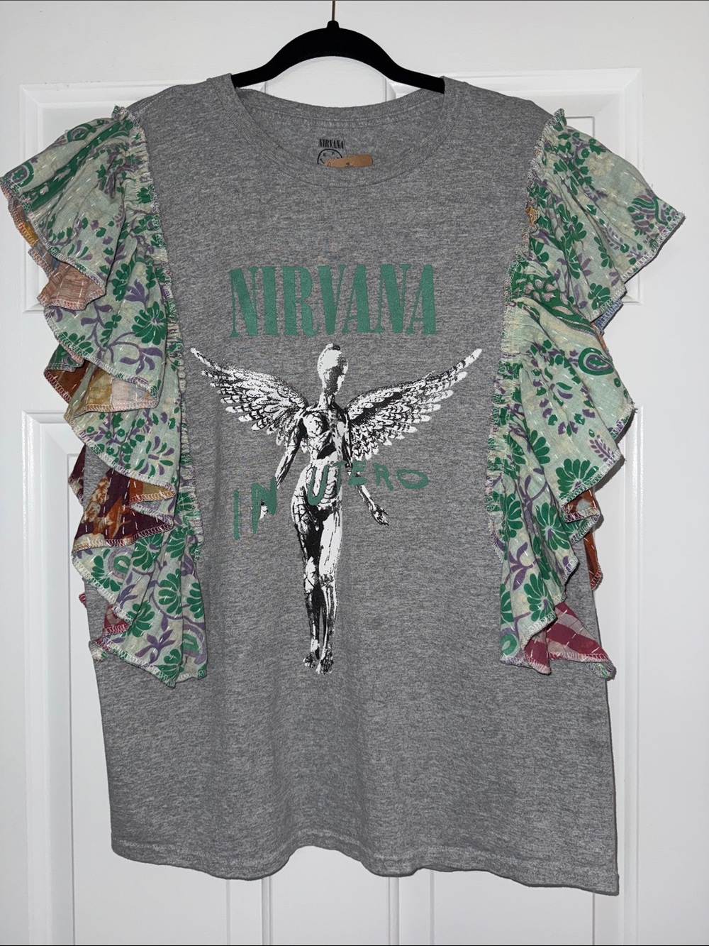 NIRVANA Gray Tee with Green Logo and Multicolor Floral Ruffle Sleeves